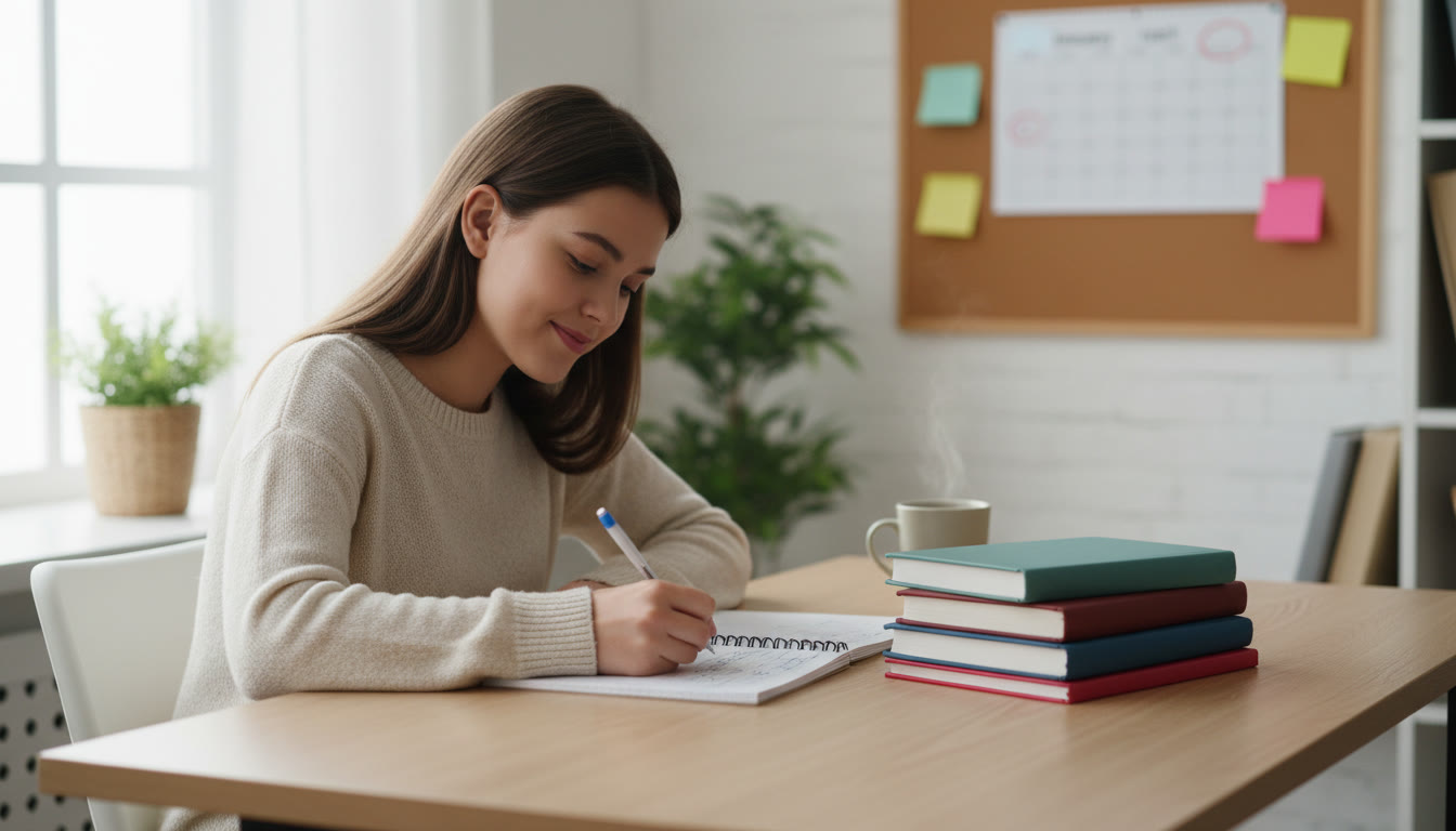 Photo Idea : A focused student at a tidy desk with an open notebook, subject textbooks stacked nearby, and a visible calendar with early months circled
