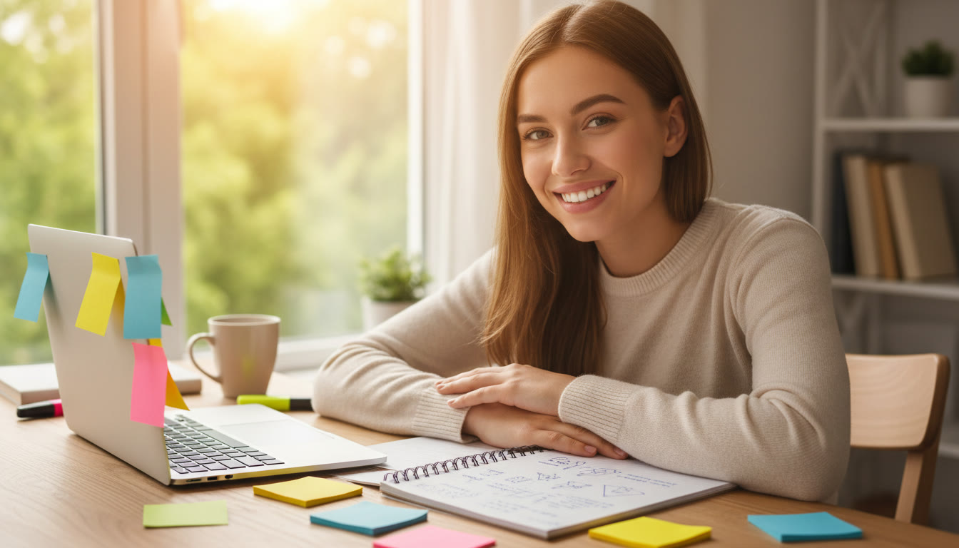 Photo Idea : Student at a desk with TOK notes, colored sticky notes labeled AOKs and WOKs, and a laptop