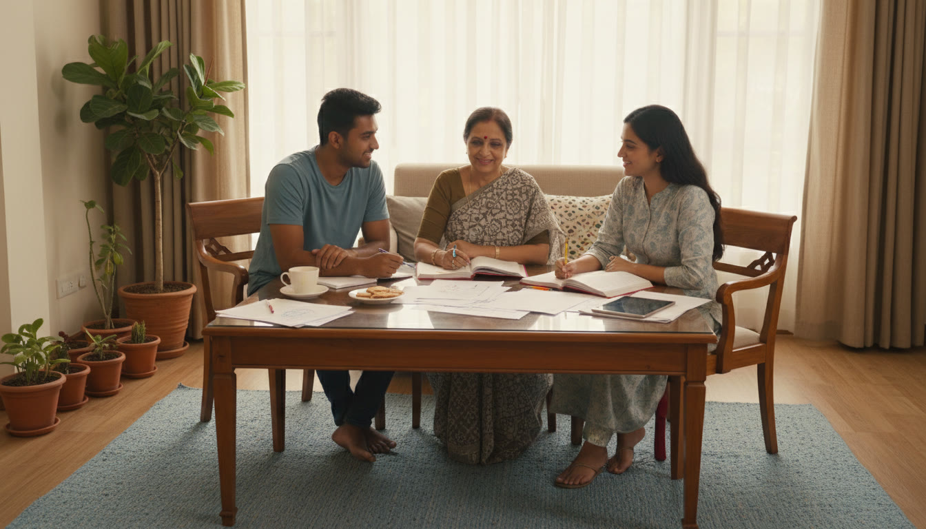 Photo Idea : Two students discussing study plans with a tutor and notes spread on a table