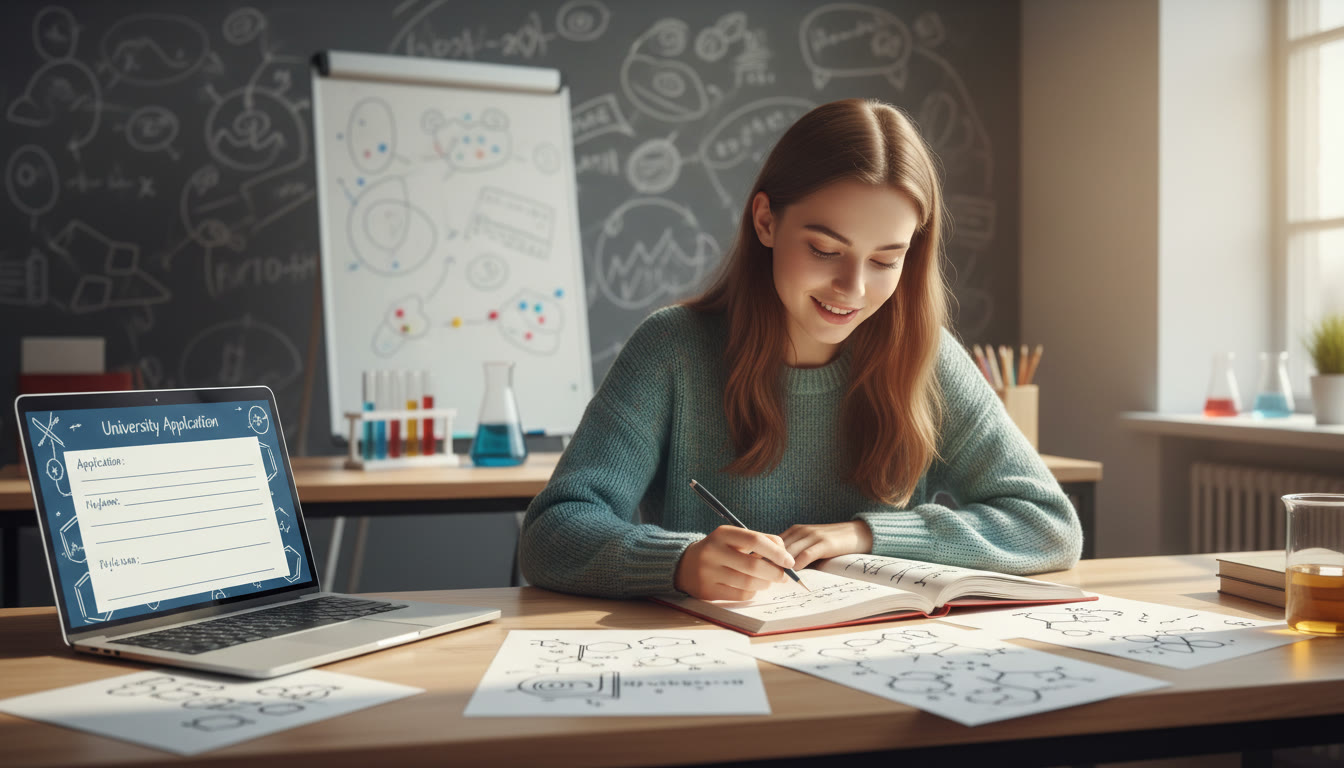 Photo Idea : A focused student in a lab notebook surrounded by equations and an open laptop displaying a university application form