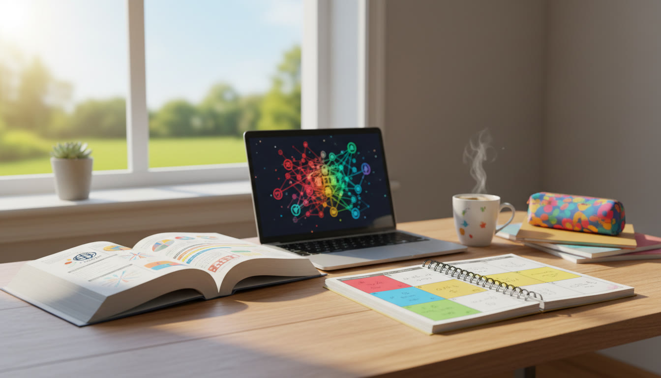 Photo Idea : Student desk with a color-coded planner, open textbook, laptop, and a warm mug by a sunny window