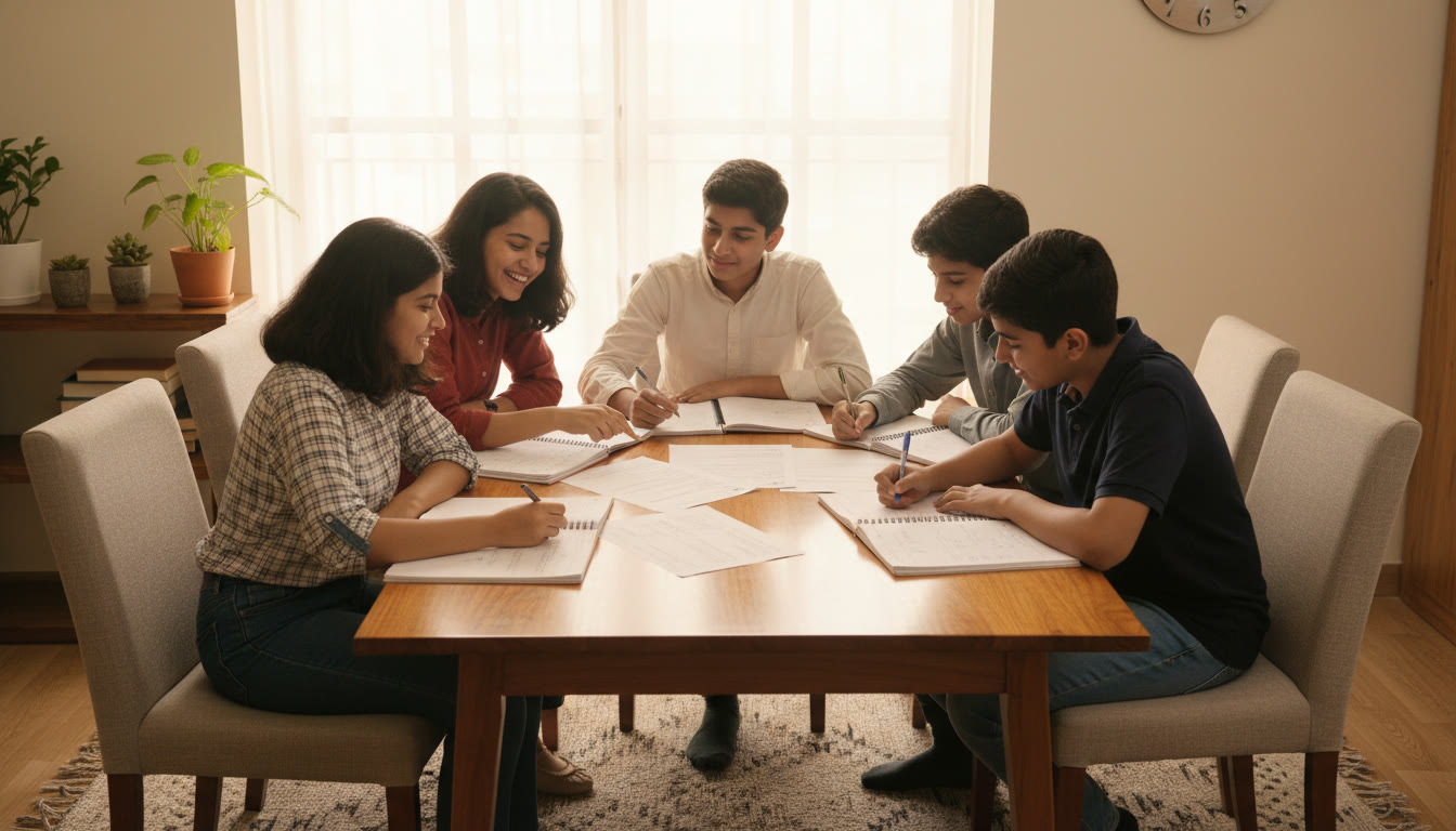 Photo Idea : Small study group sitting around a table, working through a timed mock exam with answer notebooks open