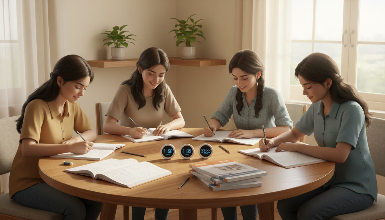 Photo Idea : A small group of students sitting around a table attempting sample papers with timers and notebooks.
