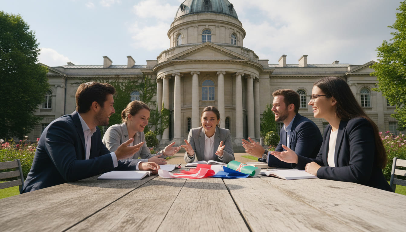 Photo Idea : Students debating around a table in front of a classical university building, with notebooks and flags visible