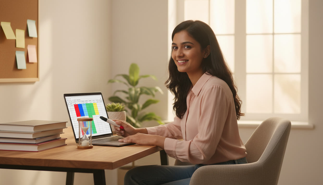 Photo Idea : A student at a desk, color-coding an error log on a laptop while textbooks, sticky notes, and a timer sit nearby
