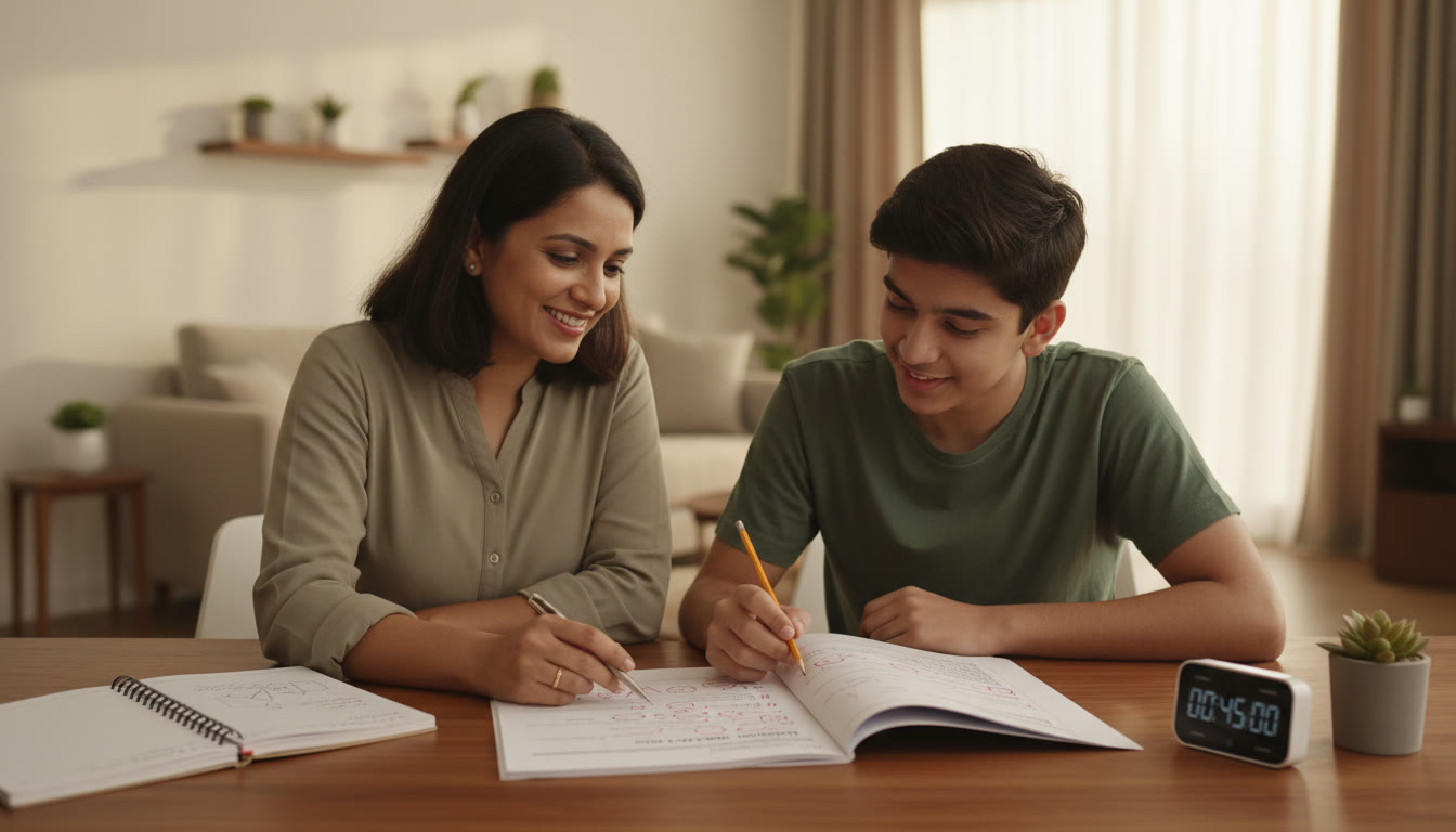 Photo Idea : A tutor and student reviewing a marked mock test, with a notebook open and a timer on the table