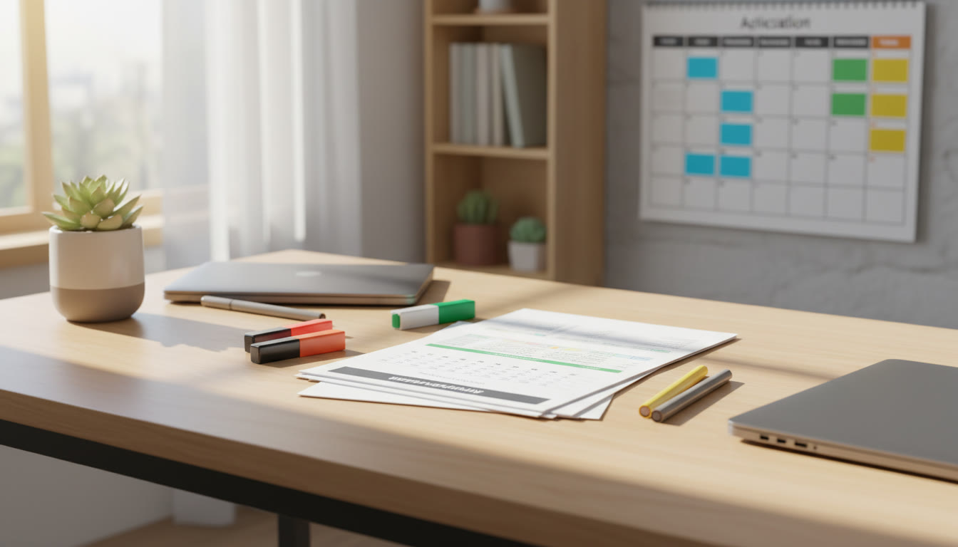 Photo Idea : Organized desk with application checklist, printed bullets, and calendar showing planning blocks