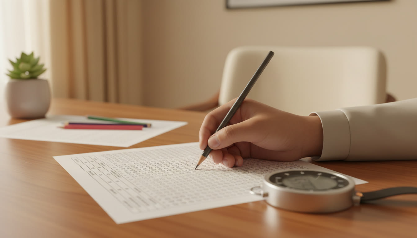 Photo Idea : Close-up of an OMR sheet being filled carefully with a pencil and a stopwatch visible