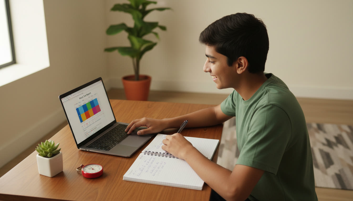 Photo Idea : Student analyzing a mock-test report on a laptop, with a notebook, pen and stopwatch nearby.