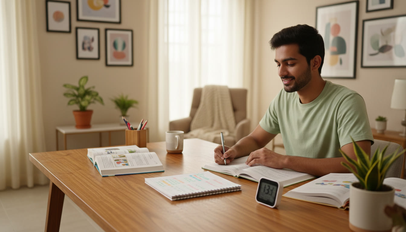 Photo Idea : A focused student with open textbooks, a notebook with color-coded notes, and a digital timer on a desk.