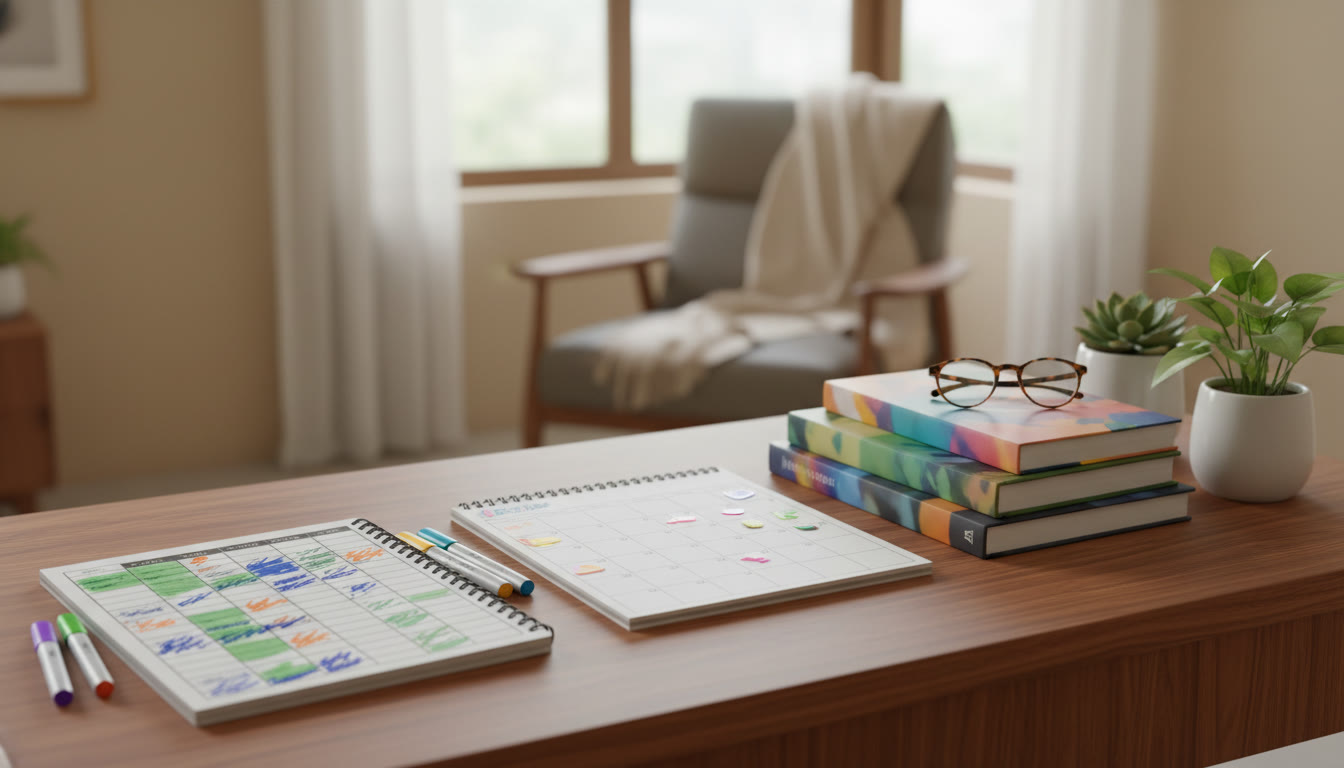 Photo Idea : A student’s desk with a color-coded chapter checklist and a calendar open beside textbooks