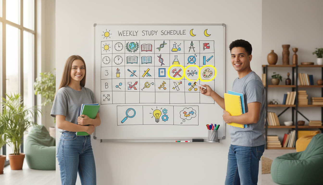 Photo Idea : Whiteboard with a weekly study schedule and highlighted priorities