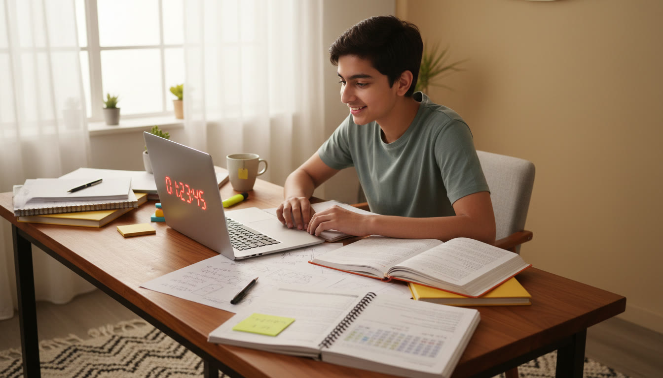 Photo Idea : A focused student taking a timed mock test on a laptop, a visible countdown timer, and scattered notes for Physics and Chemistry nearby.