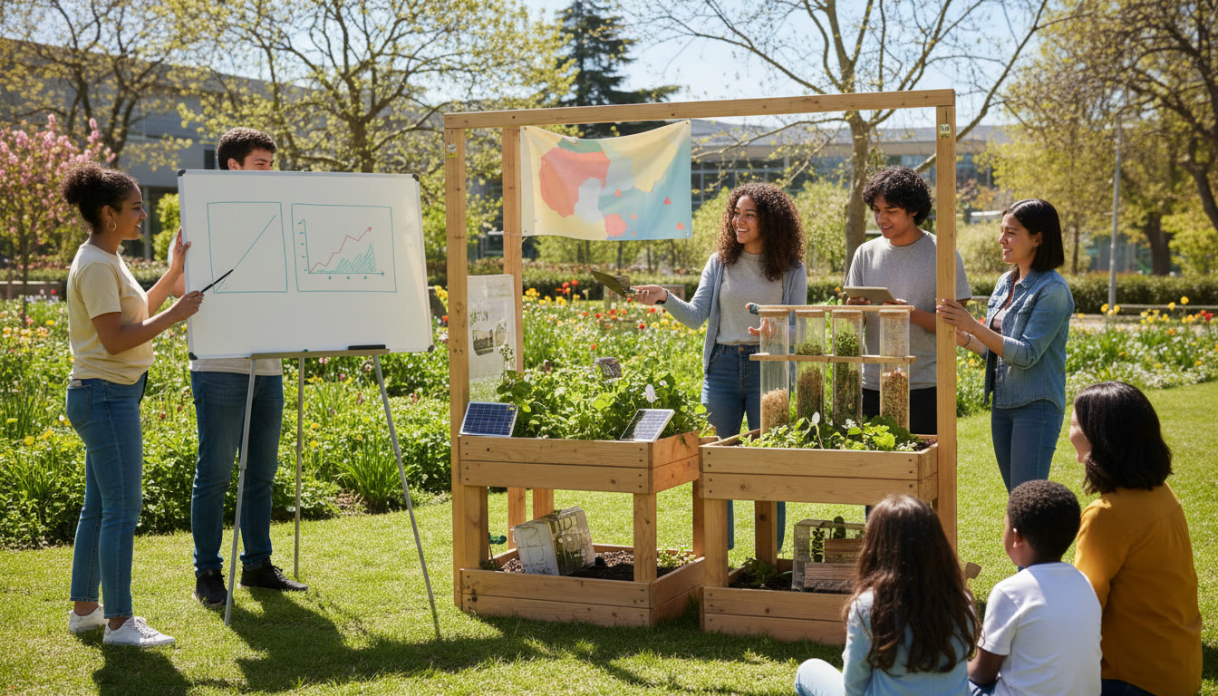 Photo Idea : A small group of students presenting a CAS project outdoors, showing collaboration and hands-on learning