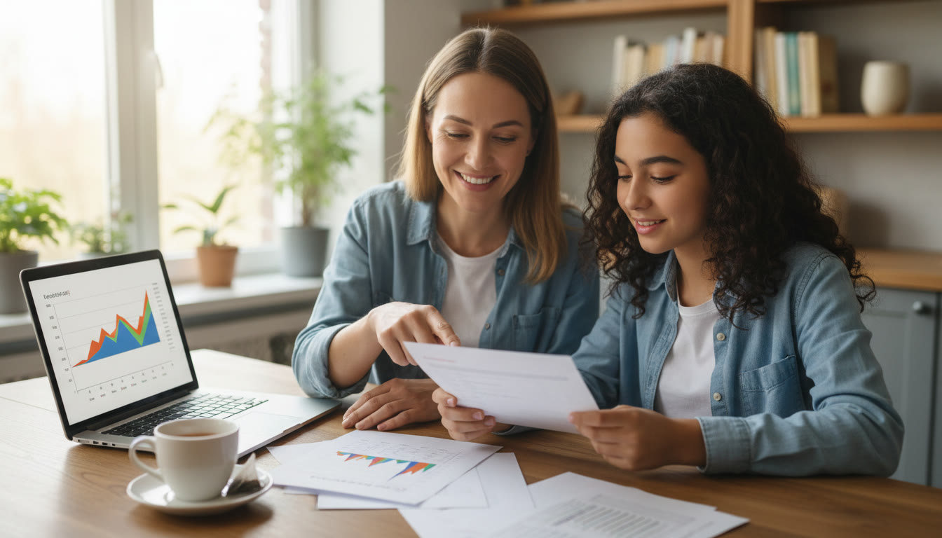 Photo Idea : Parent and student at a kitchen table with a laptop, printed pages and a cup of tea, reviewing a checklist together