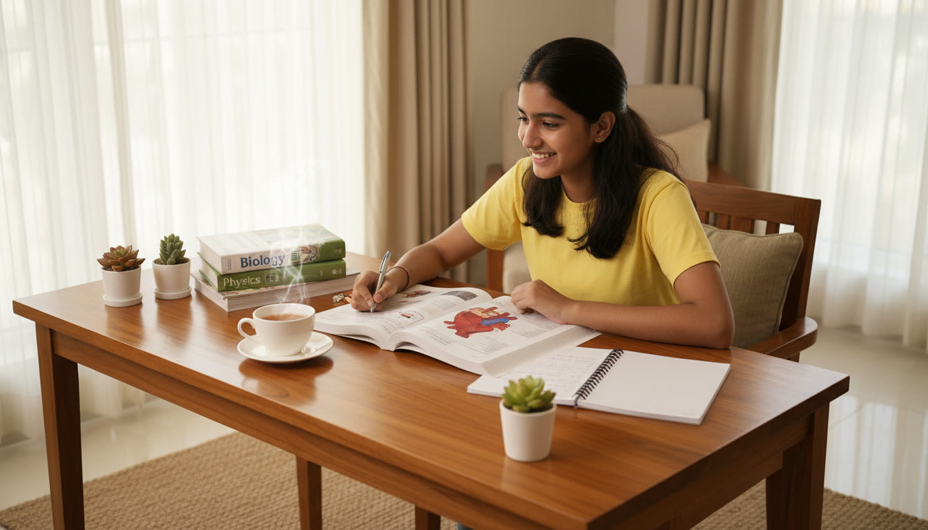 Photo Idea : student at a desk with science textbooks, a notebook, and a cup of tea