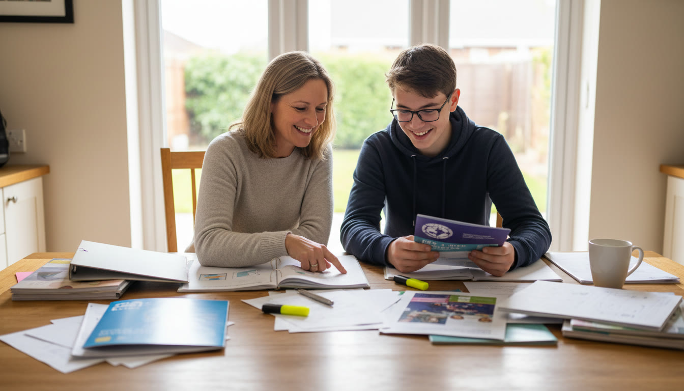 Photo Idea : Parent and teen reviewing course notes and brochures at a kitchen table