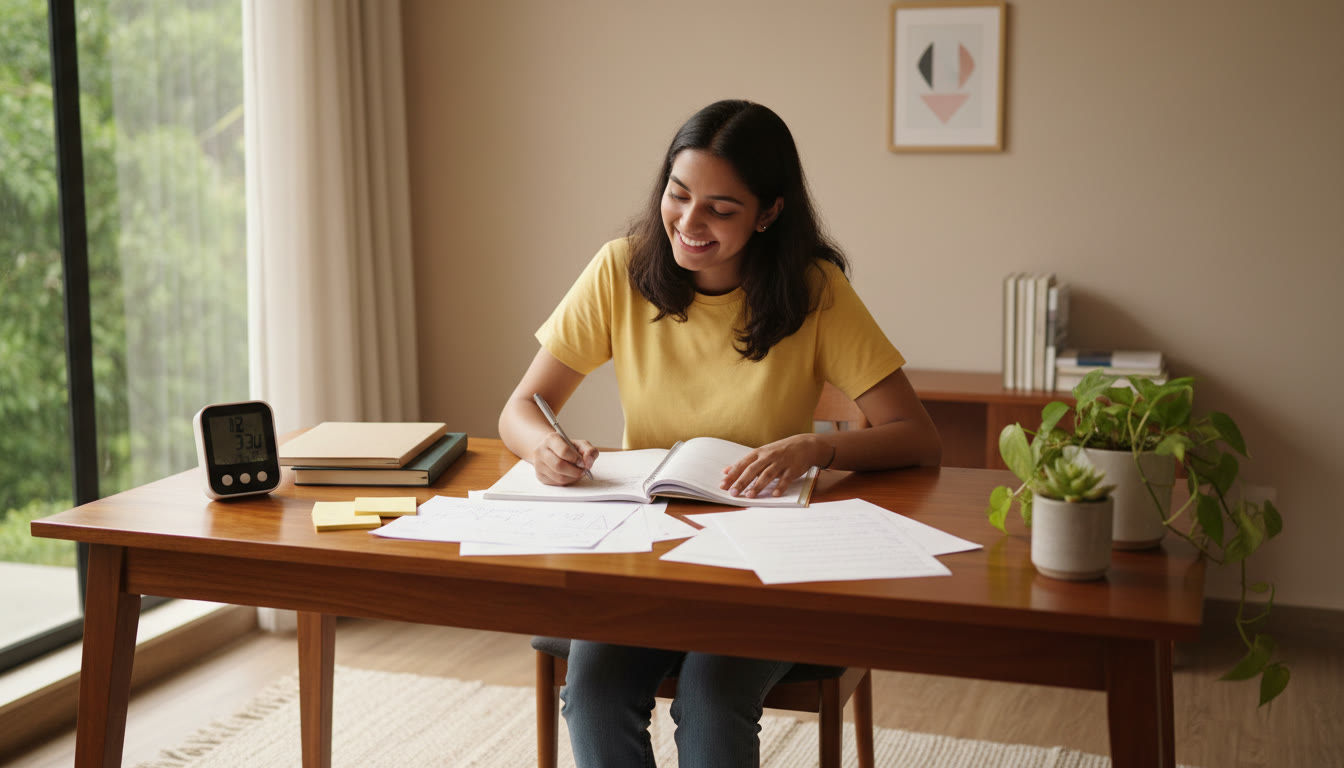 Photo Idea : Student solving a timed sample paper at a tidy desk with a timer and scattered notes