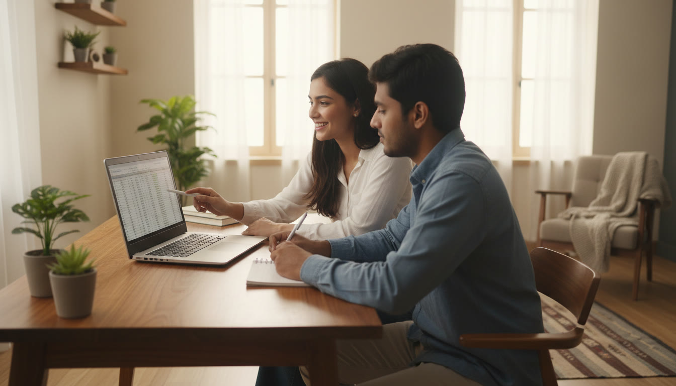 Photo Idea : a tutor pointing at a spreadsheet on a laptop while a student takes notes