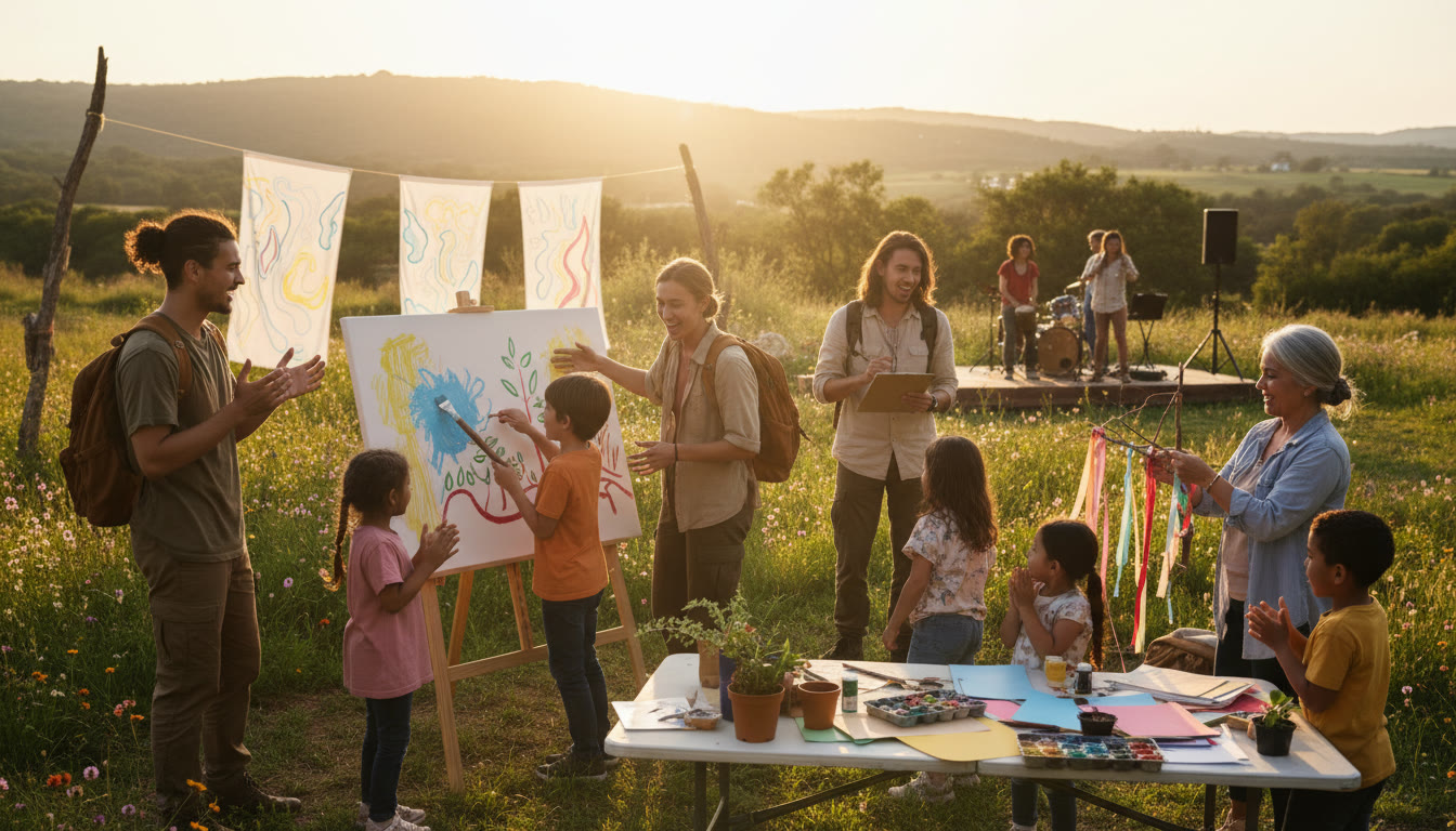 Photo Idea : A small group leading a community workshop outdoors, high-energy and collaborative