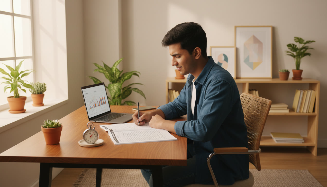 Photo Idea : A focused student taking a full-length mock test at a desk with an OMR sheet and stopwatch