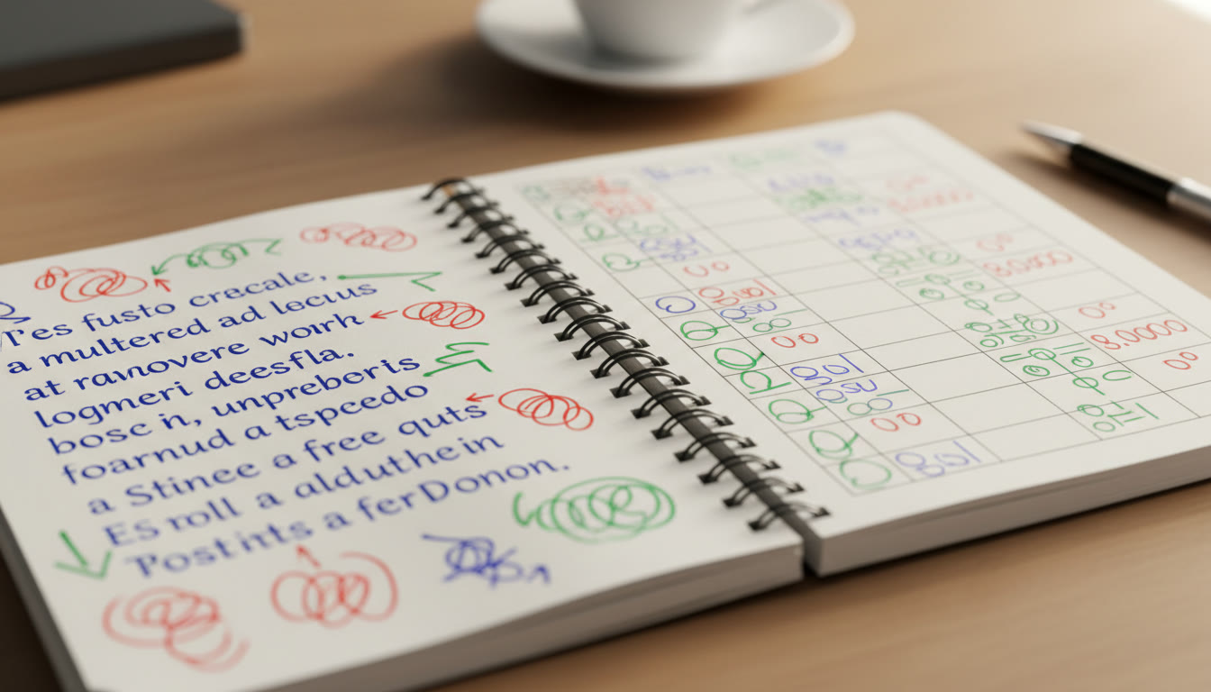 Photo Idea : Close-up of a notebook showing an annotated paragraph with margin notes and a rubric