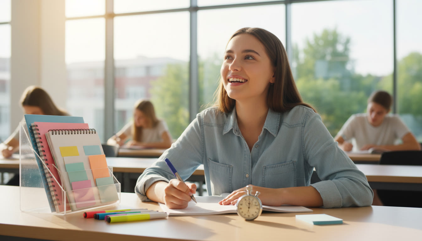 Photo Idea : Student writing at an exam desk with a stopwatch and neatly organised notes nearby
