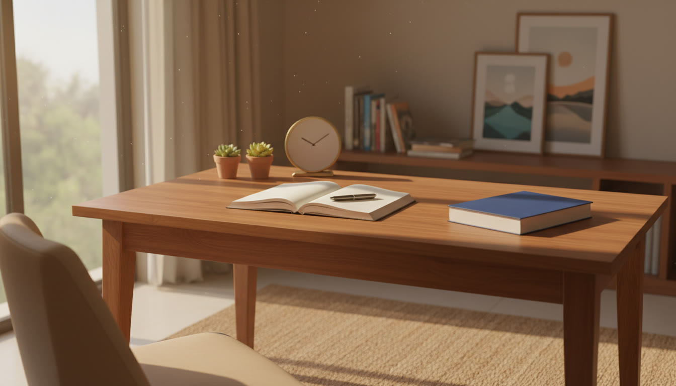 Photo Idea : A calm study desk in morning light with a clock, open notebook, pen, and a JEE prep book