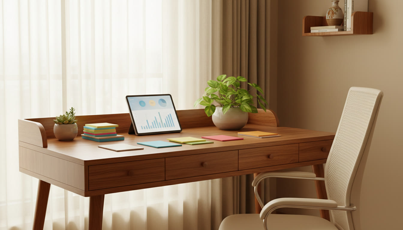Photo Idea : A tidy study desk with color-coded notes, flashcards and a tablet showing analytics
