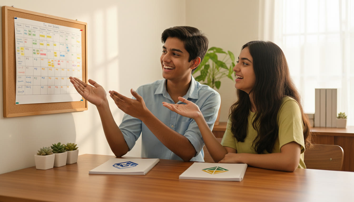 Photo Idea : Two students sitting at a desk with two notebooks labeled CBSE and ICSE, smiling and pointing at a timetable