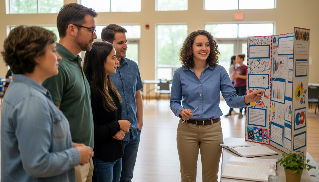 Photo Idea : A student presenting a poster board to a small group at a local community hall