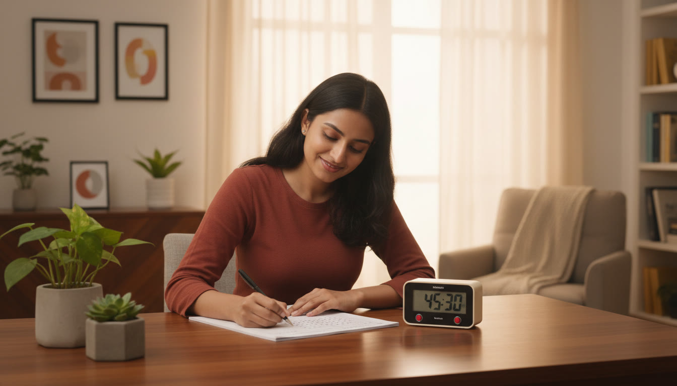 Photo Idea : Student taking a timed mock test in a quiet room with an OMR sheet and stopwatch