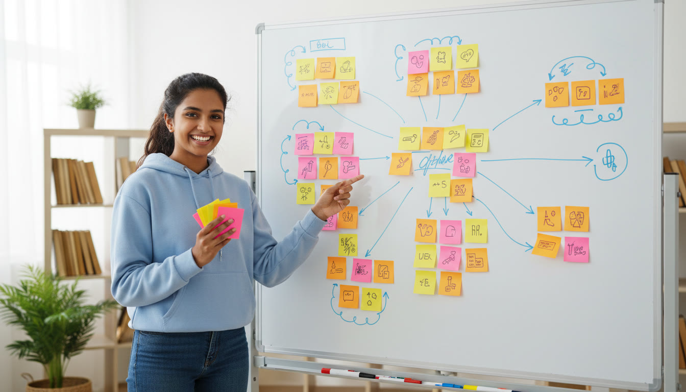 Photo Idea : a student with sticky notes and a whiteboard mapping an essay structure