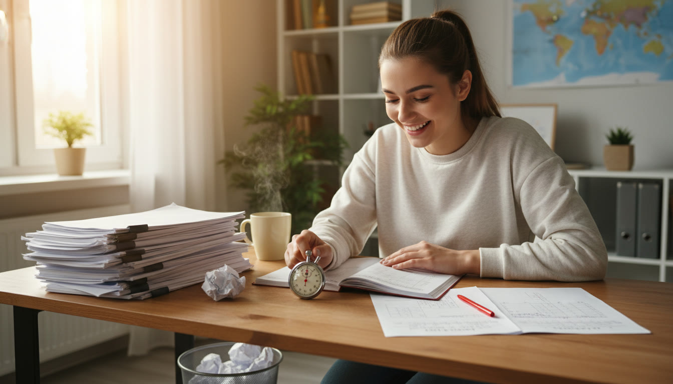 Photo Idea : Student doing a timed past-paper at a desk with a stopwatch, annotated mark scheme, and a pile of corrected papers