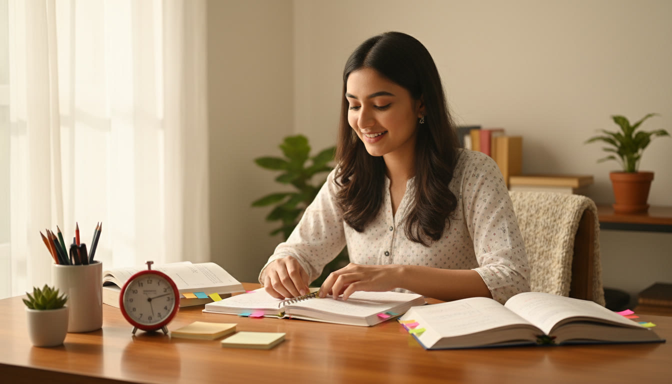 Photo Idea : Student arranging science notes with colorful sticky tabs and a kitchen timer on a desk