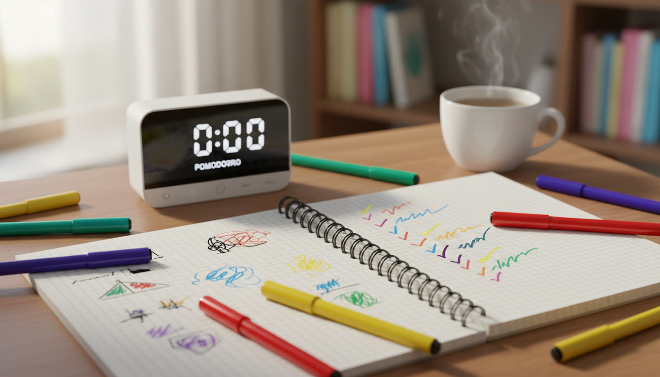 Photo Idea : Close-up of a timer and notebook with a checked to-do list, colorful pens