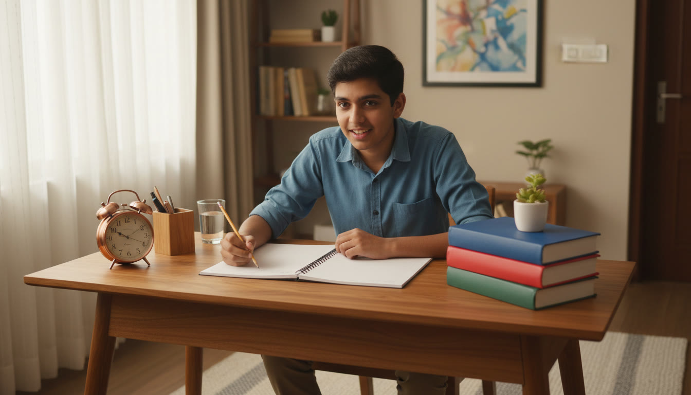Photo Idea : A focused student at a clean desk with a study planner, alarm clock, and textbooks neatly stacked by subject