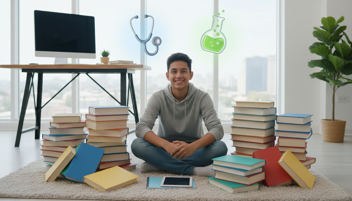 Photo Idea : Student surrounded by IB textbooks with two distinct career icons floating above (e.g., stethoscope and lab flask)
