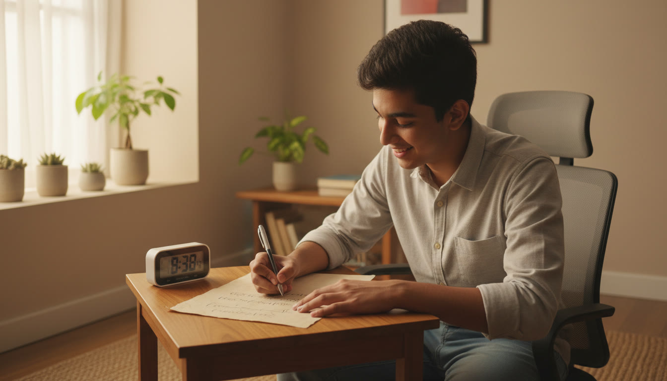 Photo Idea : Close-up of a student writing equations on rough paper with a timer beside them