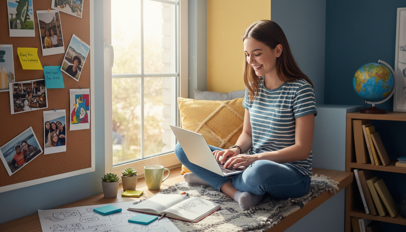 Photo Idea : a student writing a reflective entry on a laptop with printed photos and notes spread out