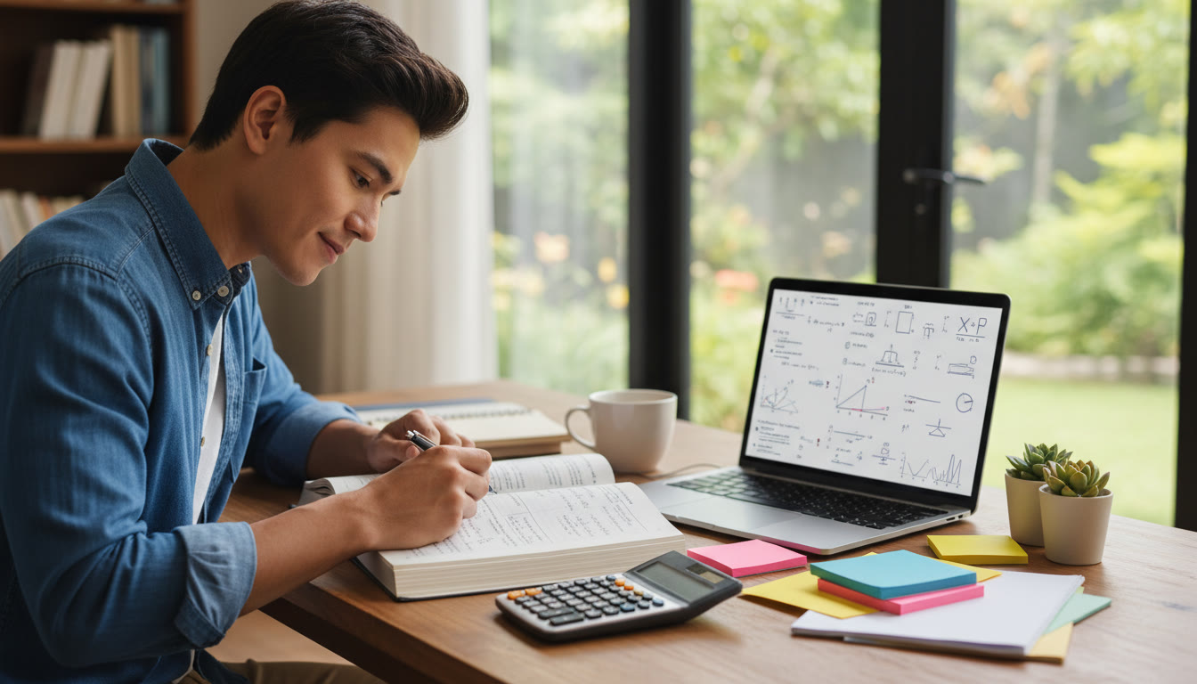 Photo Idea : A focused student at a desk with an open Math AA HL textbook, calculator, colored notes, and a laptop with practice problems on screen