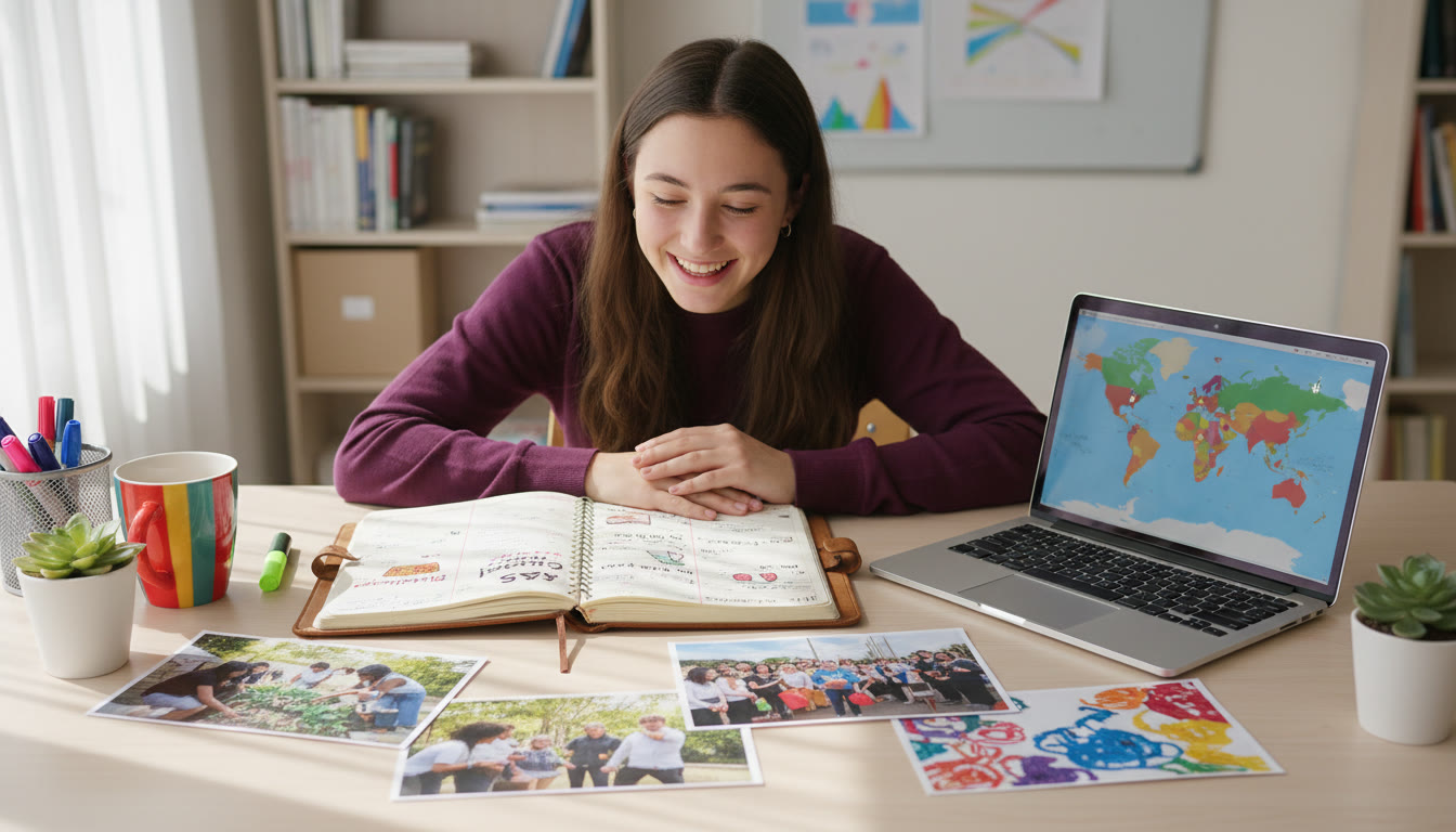 Photo Idea : Student at a tidy desk with a CAS journal, laptop, and project photos spread out