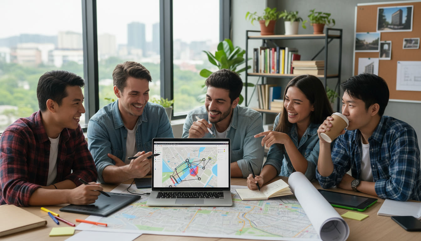 Photo Idea : Students gathered around a laptop and a community map, sketching a digital project