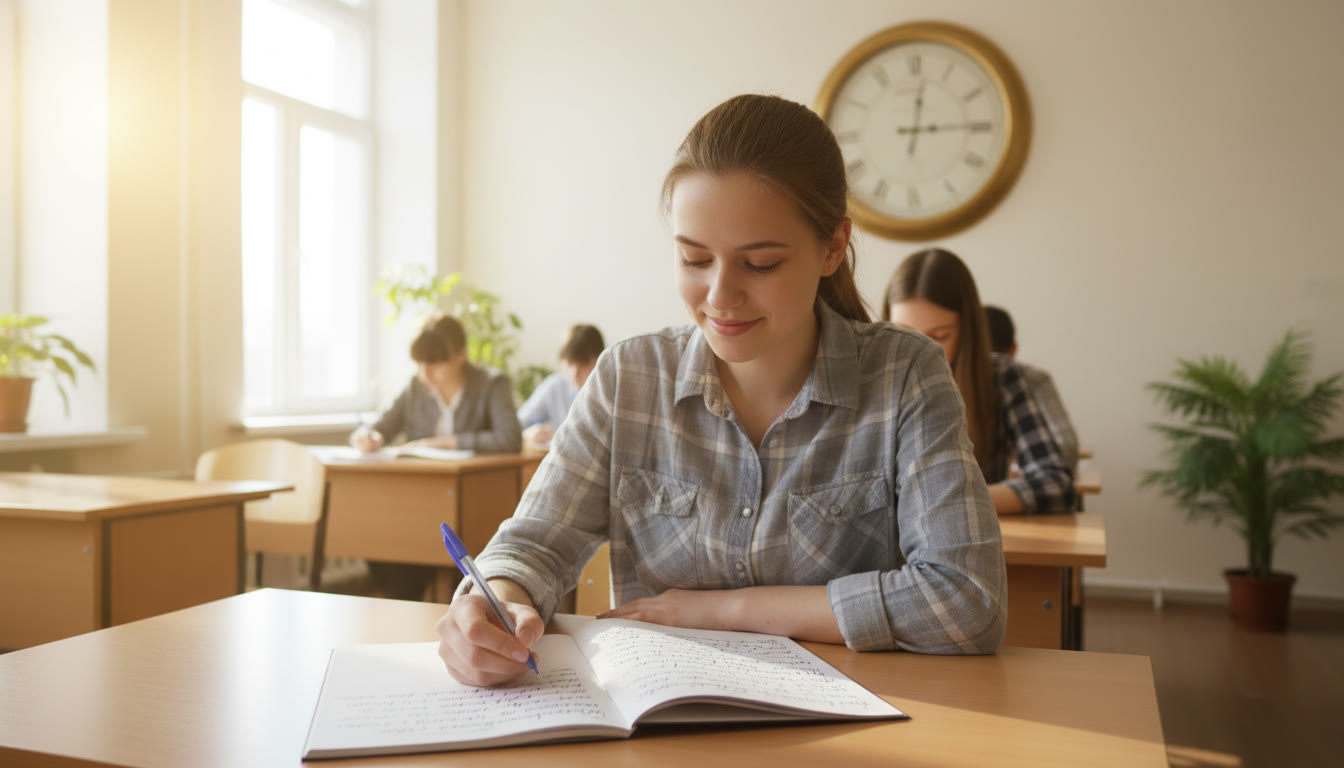 Photo Idea : Student writing in an exam booklet with a visible wall clock and calm focus