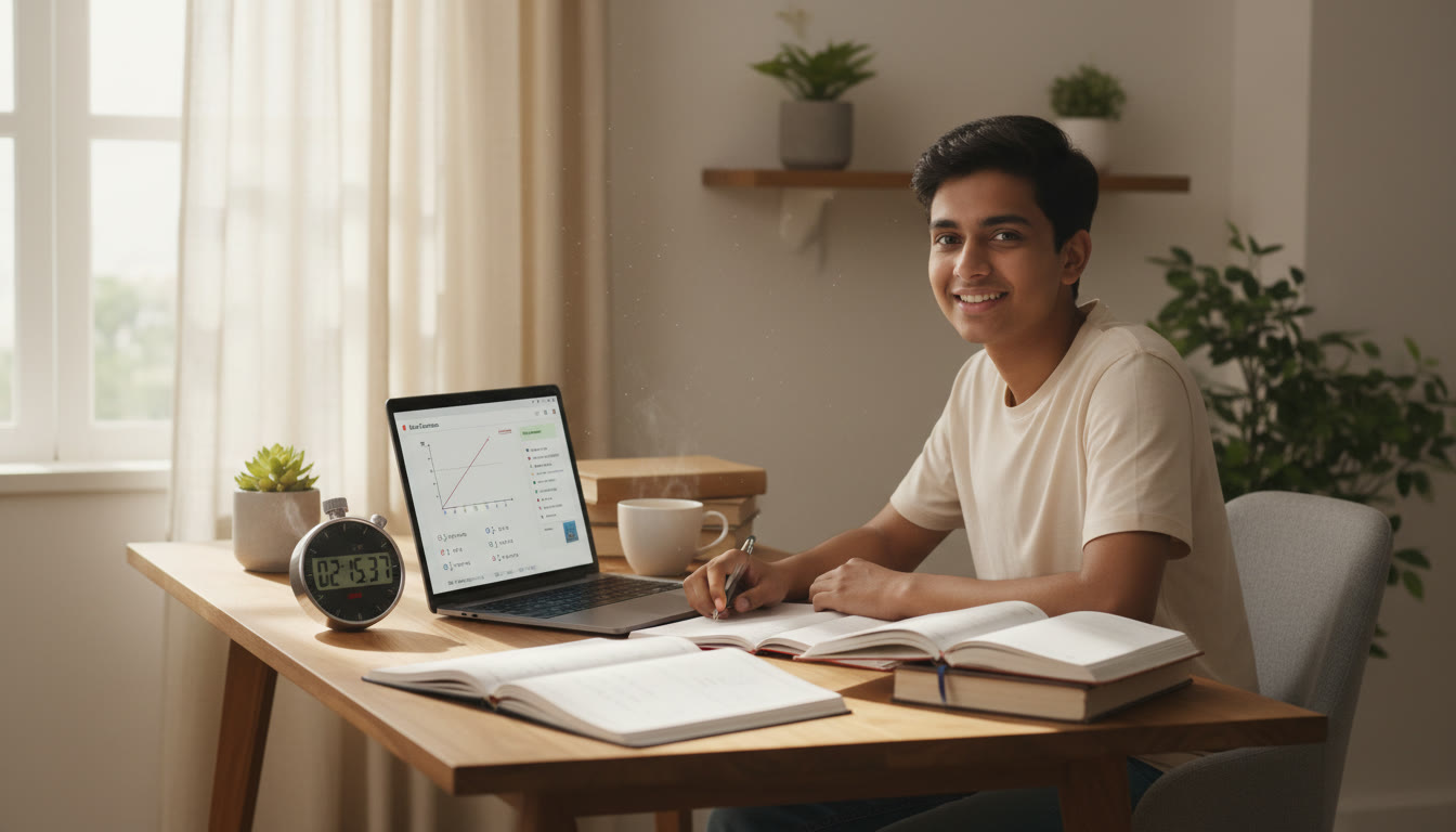 Photo Idea : a student practicing a timed 3-hour mock on a laptop with open notebooks and a visible stopwatch