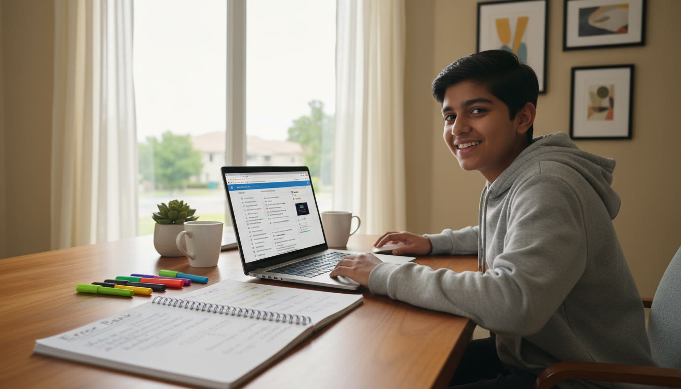 Photo Idea : A student at a desk mid-mock, screen showing a digital test interface, a notebook with an 