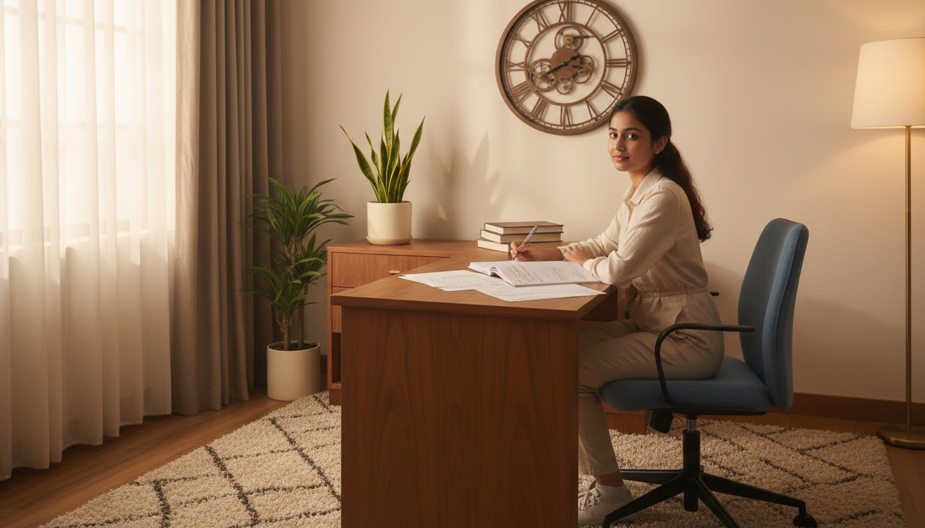 Photo Idea : Student calmly solving a full-length mock test in a quiet study corner with a clock visible