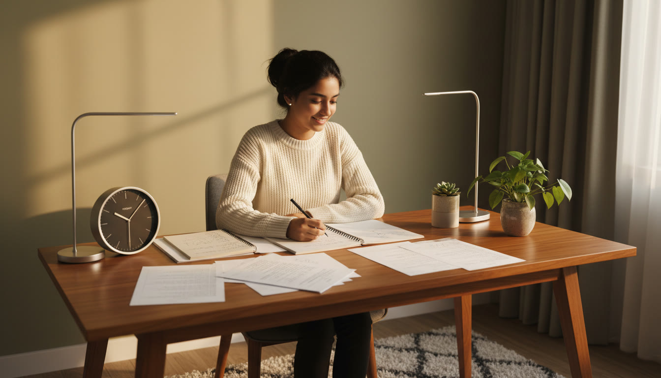 Photo Idea : A focused student at a tidy study desk with ISC notes, a clock, and mock test papers spread out