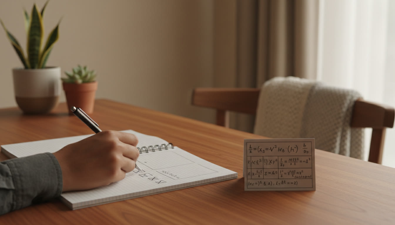 Photo Idea : Close-up of a hand marking an error log in a notebook beside a pocket-sized physics formula sheet