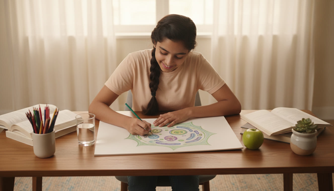 Photo Idea : A student practicing a labeled biology diagram with colored pencils